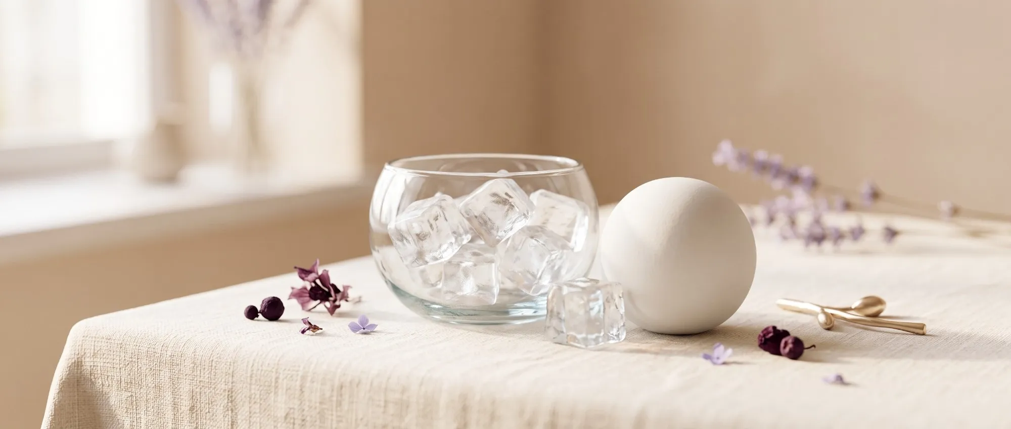 Bowl de vidrio con cubos de hielo y una esfera blanca de cerámica sobre un mantel de lino crema